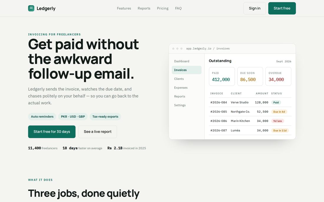 Ledgerly invoicing product site — home page