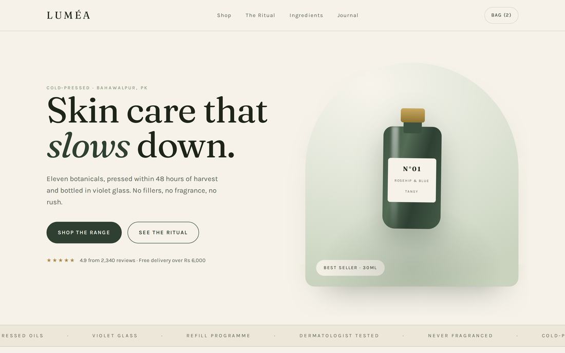Luméa Botanicals skincare site — home page